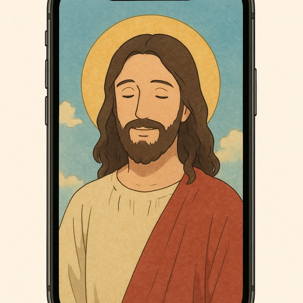 Jesus in a gentle Ghibli style, appearing on an iPhone display emoji