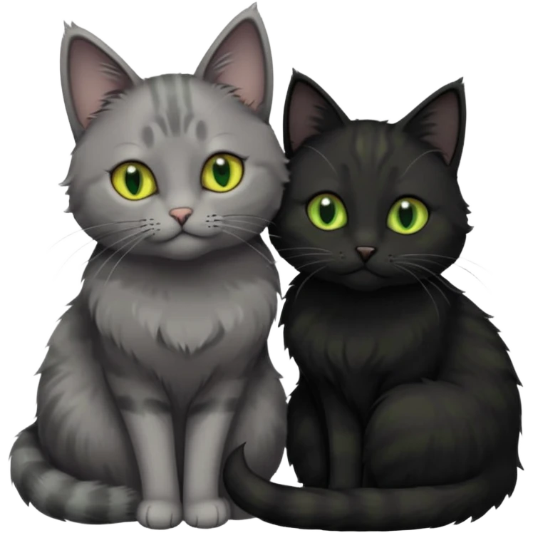 1 grey cat with green eyes and 1 black with yellow/green eyes cat cuddling emoji