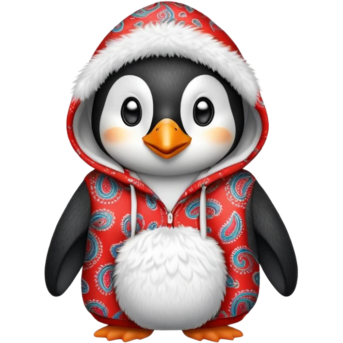 penguin wearing a red paisley pattern hoodie emoji