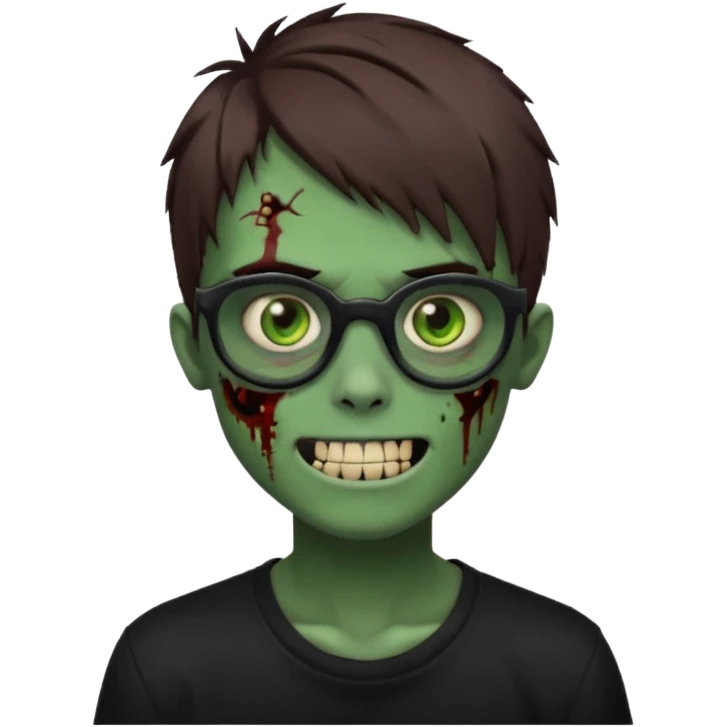 Zombie emo boy, green skin and brown hair and eyes, black glasses and a scary smile with a cut on the side, scars and blood under eyes emoji