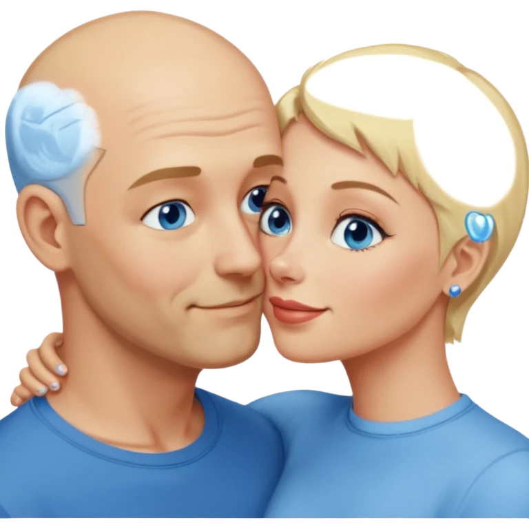 middle aged bald man with salt and blonde scruff, blue eyes and short haired blonde woman with blue eyes kissing each other emoji