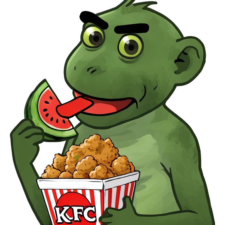 A monkey eating some KFC chicken with watermelon in the other hand emoji