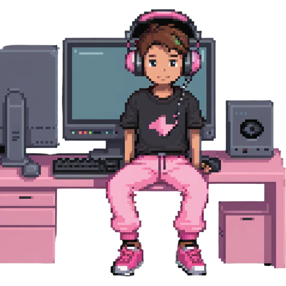 boy in pink pants sitting at a computer listening to music with headphones emoji