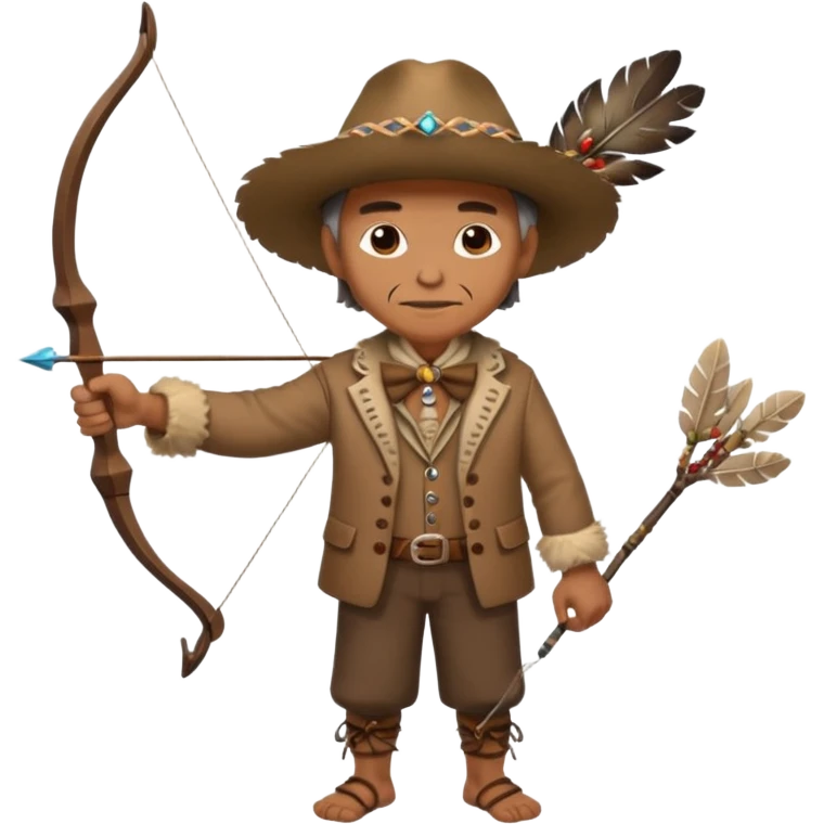The classic image of a middle-aged uncle hunter carrying a bow, dressed in brown clothes, with some ornaments made of feathers, bones or teeth on his body. emoji