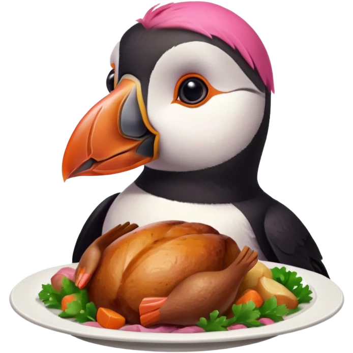 pink puffin that is pink-colored eating roast dinner emoji