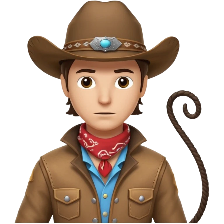 cowboy with a whip portrait, head and shoulders only, cowboy hat, bandana, western jacket collar, whip coiled over shoulder, confident expression, 3D cartoon, mobile game icon style, clean background, no text, no watermark
 emoji