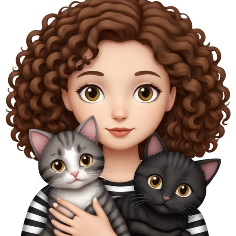 Girl with curly hair holding three cats, one black cat, one grey cat, and one grey-striped cat emoji