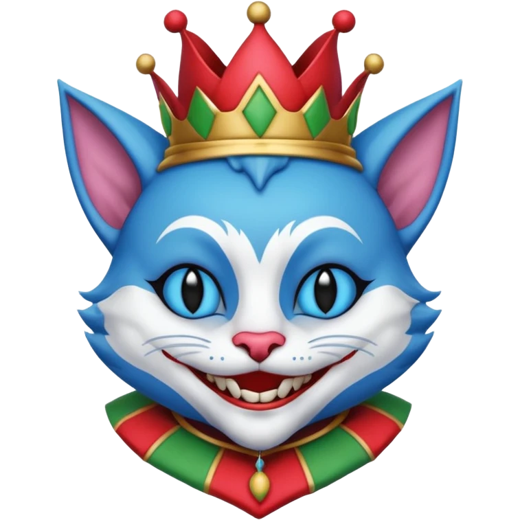 crazy colorful cute little cat jolly joker from poker, medieval, vintage, court jester, mac os icon, blue color emoji