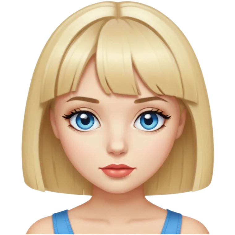 blonde bob with bangs on a girl with blue eyes and eyeliner, she’s caucasian and has full lips  emoji