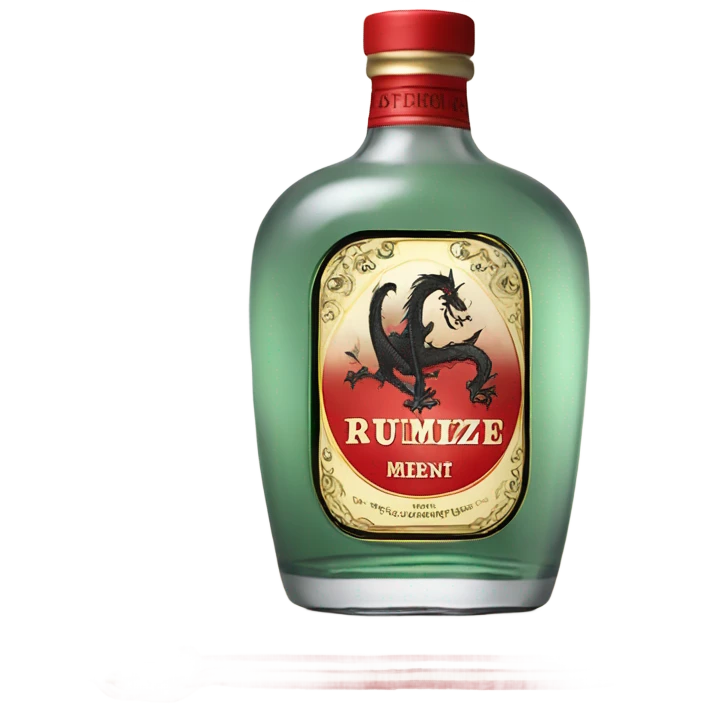 clear bottle of rumpleminze peppermint alcohol with a label that black with red border and font that has a small gold dragon on the label emoji
