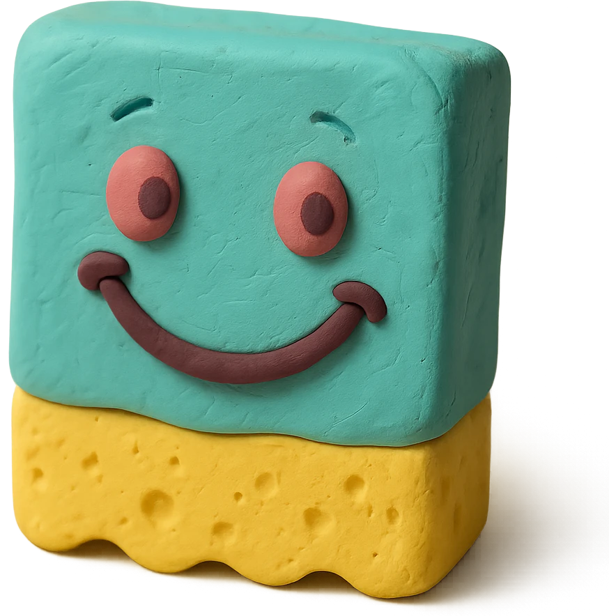 cleaning sponge with a cute smiling face, playful expression, pastel colors in claymation style emoji