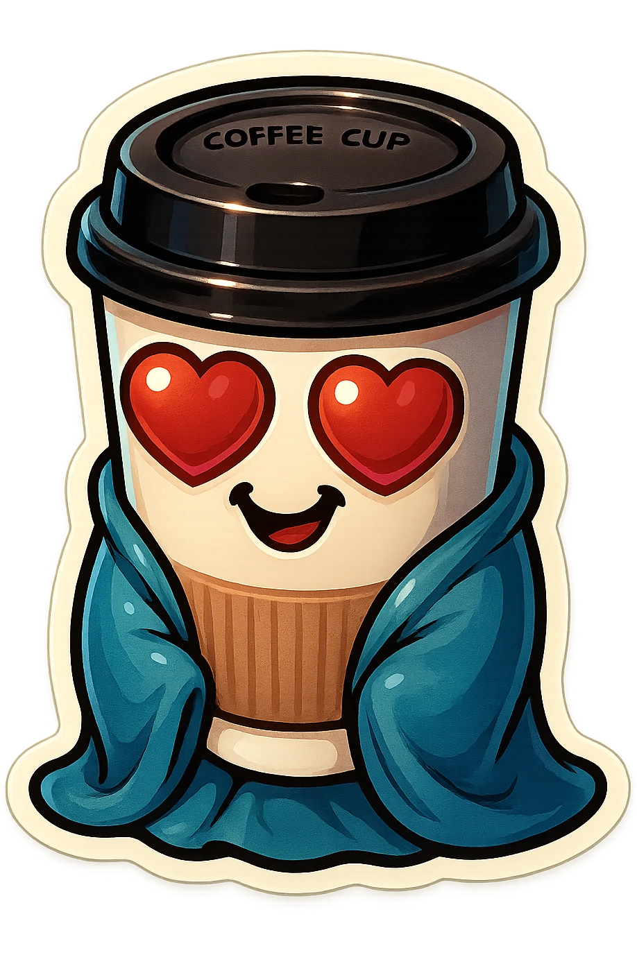 Ink wash style, coffee cup creature, big heart eyes, dopey smile emoji