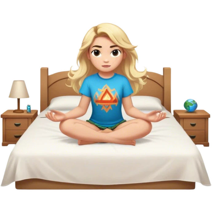 A girl their hair is floating and they have blonde hair and earth powers, and wearing a Moana shirt and they have superpowers and they are sitting on their bed emoji