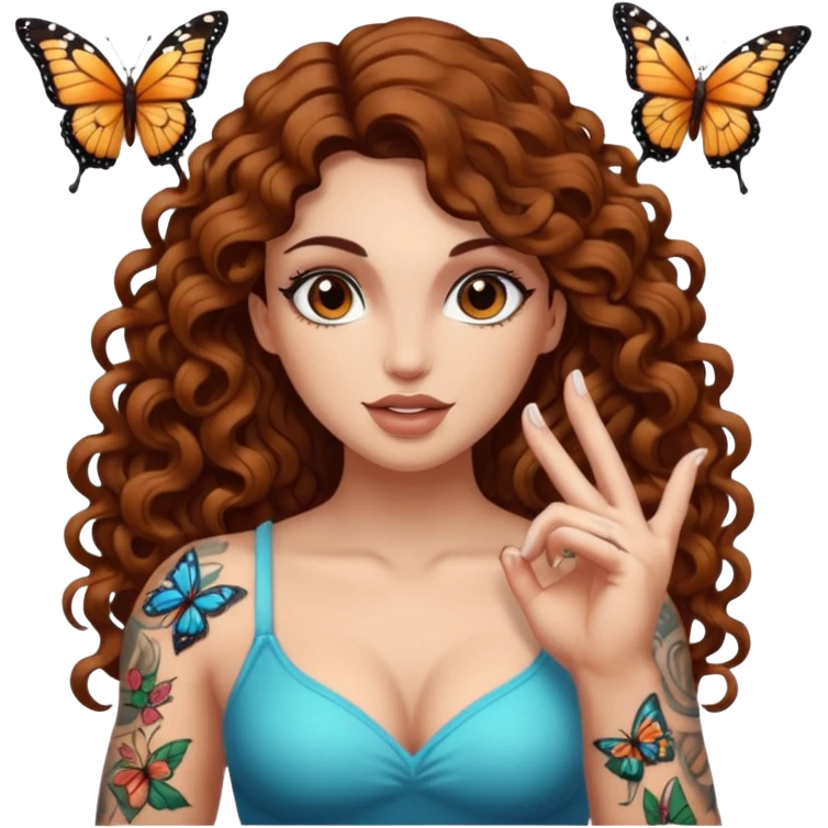 portrait woman long curly brown hair brown eyes white skin tattoos muscular build butterfly landing on finger emoji