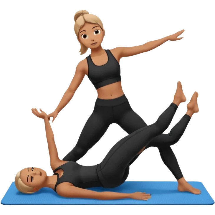 generate a pretty woman in black gym clothes doing pilates on a blue mat  emoji