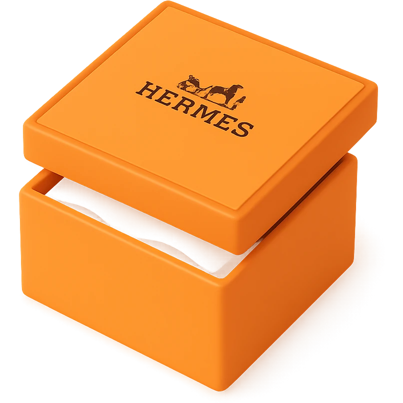 3D style orange Hermès box, slightly open with tissue paper inside, Hermès logo on the center, same square shape and proportions as reference, minimal, on white or transparent background, more variations of the box with these details emoji