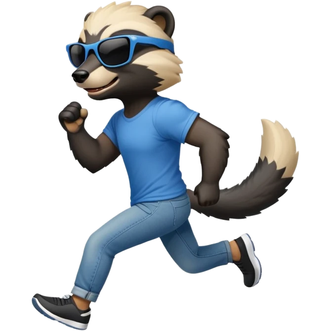 friendly anthropomorphised honey badger in jeans and a t-shirt, wearing sunglasses, jogging upright, standard pose emoji