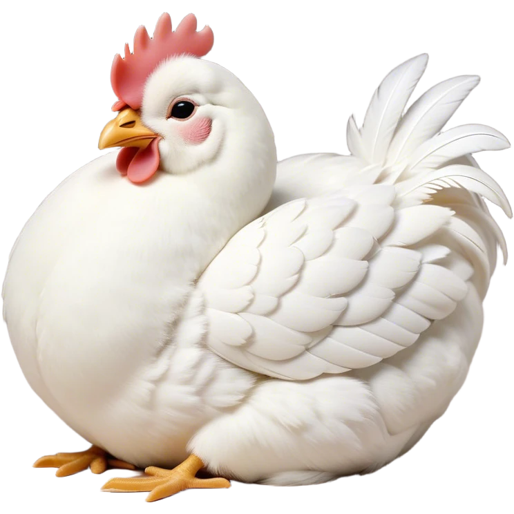 Meme-Worthy Cute Sleeping White Chicken Portrait Emoji, Head resting peacefully with a contented smile, showcasing a delightfully compact build and a luxuriously soft white plumage, eyes shut in a serene, restful nap, Simplified yet hilariously adorable features, highly detailed, glowing with a soft, drowsy light, high shine, relaxed and utterly lovable, stylized with an air of playful laziness, bright and heartwarming, soft glowing outline, capturing the essence of a comically sleepy chicken, so meme-worthy it feels like it could instantly become the next viral sensation of adorable slumber! emoji