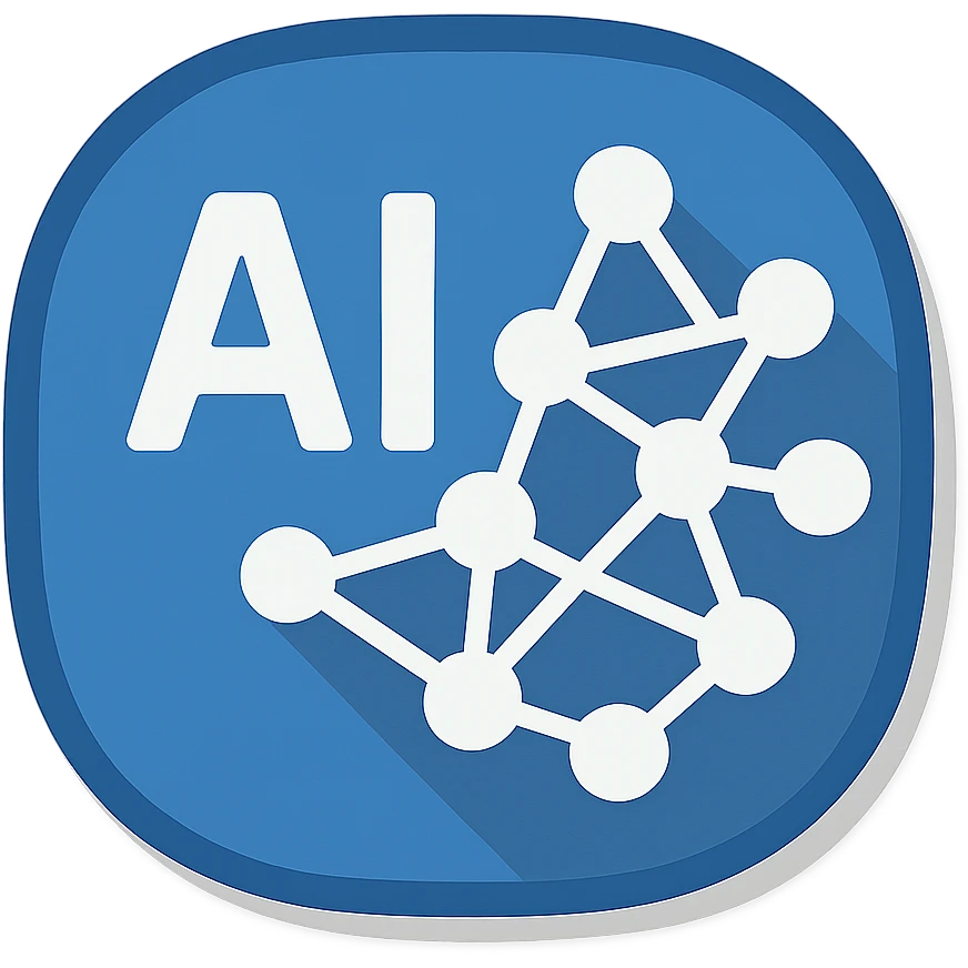 AI icon, neural network symbol, blue and white color scheme, flat design style emoji