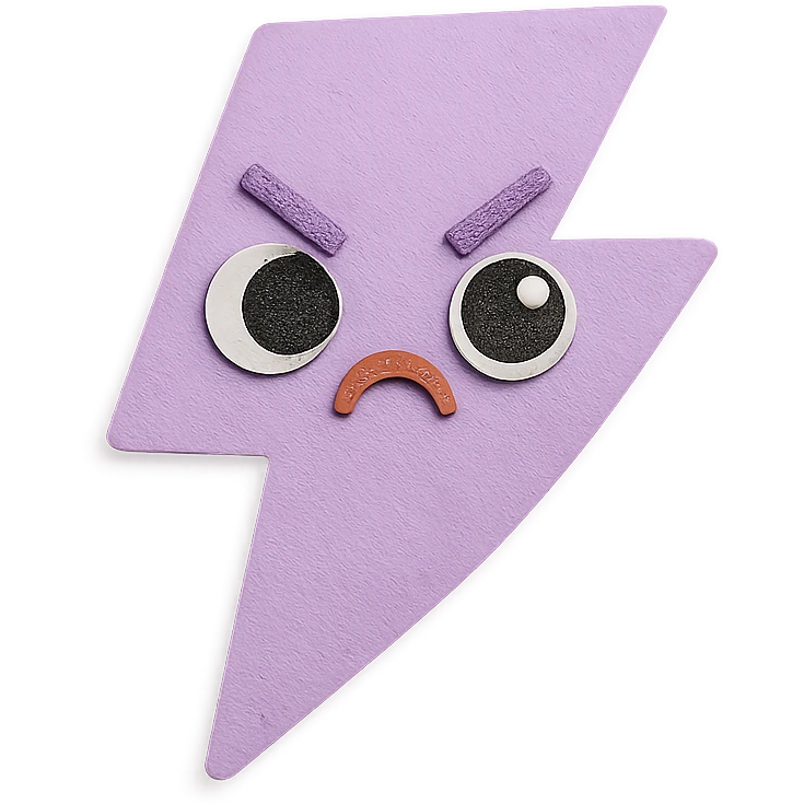 cute purple lightning bolt, tiny angry face, adorable eyes, no limbs, full body, soft pastel paper craft style emoji