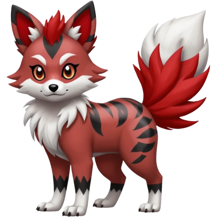 Red Lycanroc-Furret-Zorua-Poochyena-fusion, full body, with black and white edgy markings patterns emoji