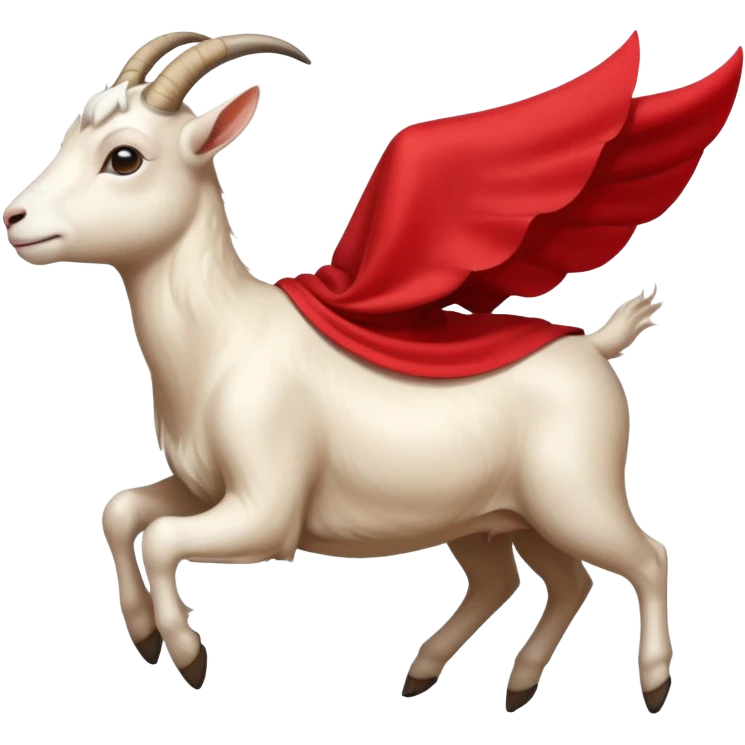 side view of white female goat wearing a read cape like superman emoji
