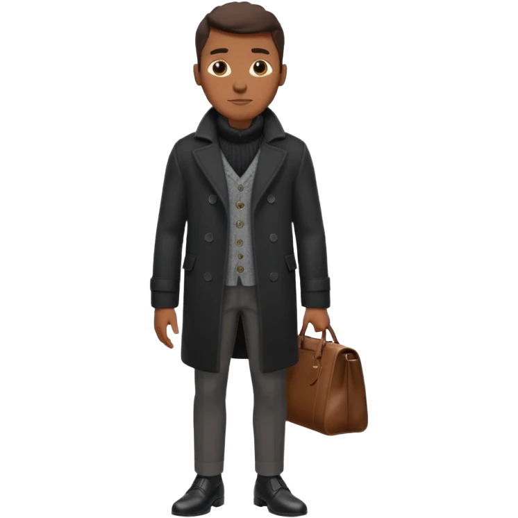 Handsome Black guy with brown skin tone, wearing black slacks, a gray sweater, long brown pea coat, and black shoes emoji