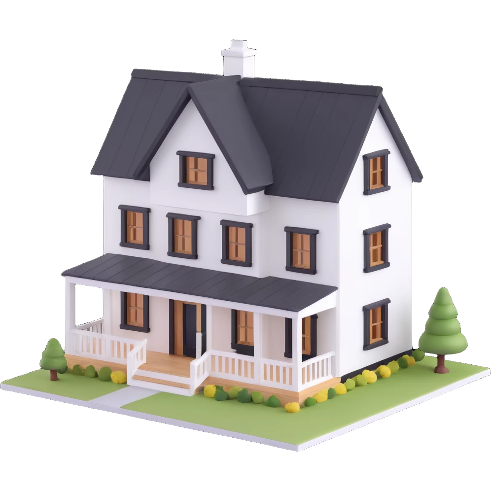 modern farmhouse dollhouse, white with black trim and wooden accents, 3d isometric  emoji