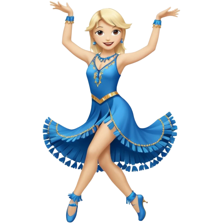 blue jazz style dance costume with tassels on blonde full body emoji
