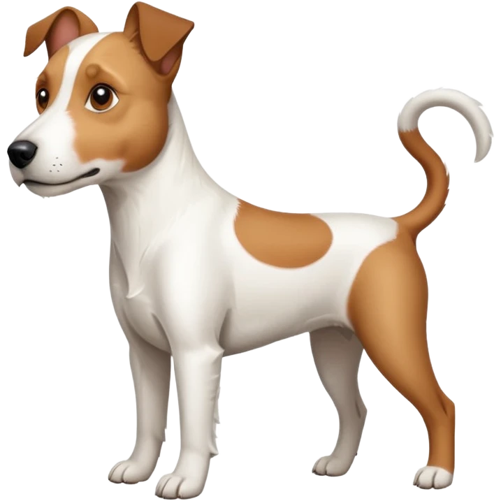 a full body large white parson russell terrier looking dog the size of a kelpie with light brown big ears and a light brown patch on one eye and a large snout emoji