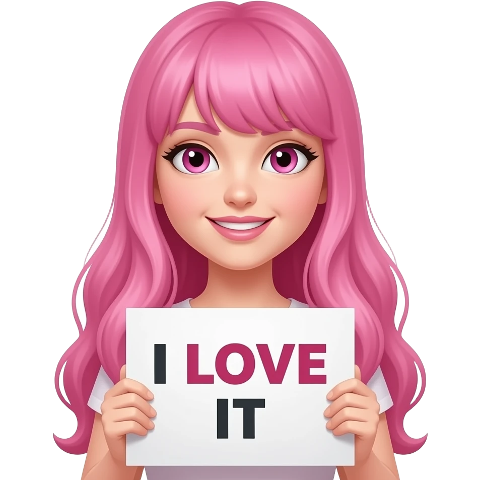 sexy girl with long pink hair and pink eyes holding I LOVE IT sign emoji