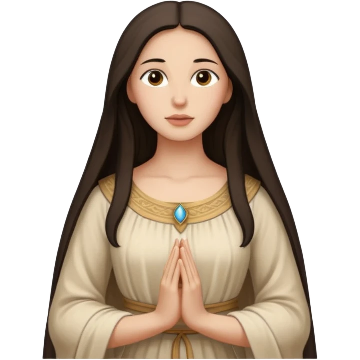fullbody Mary Magdalene, fit and feminine, very pretty detailed face, plain light tan ancient dress, arms down, no hood, dark hair emoji