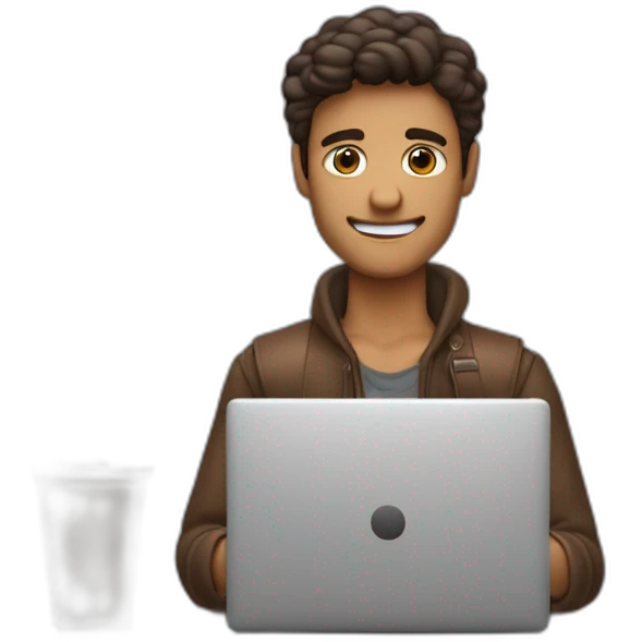 un chico con pelo marron texturizao, con una mano escribiendo en una laptop de windows, y con la otra mano agarrando un paliz, y que en sue escritorio tenga dinero y un cuaderno emoji