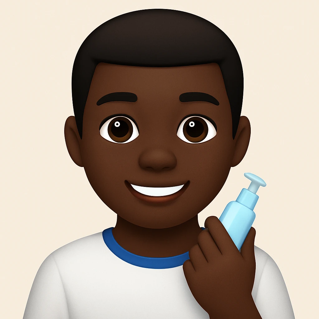 Make the boy Black while keeping the same morning skincare theme in an emoji style. The style is emoji, but since emoji style does not support editing, use the general style editor to replicate the emoji look. emoji