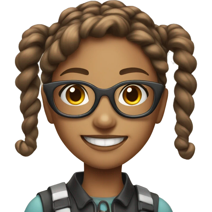 Brown haired young lady with long pigtails, futuristic glasses and a smile emoji