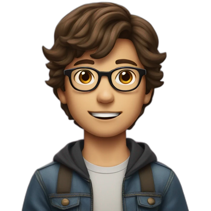 a 12-year-old boy with brown hair and glasses performs on the stage of the theater emoji