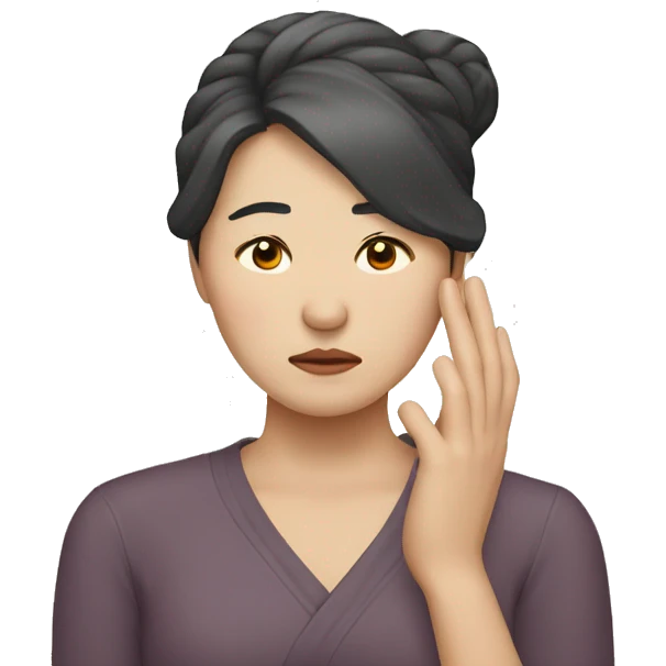 Korean woman in her 40s with one hand on her head, sad and distressed expression emoji