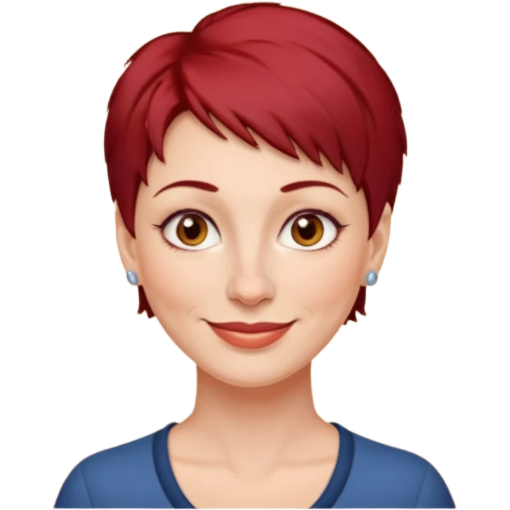 femme 40 ans, cheveux très court rouge foncé piercing sur le nez yeux marrons emoji