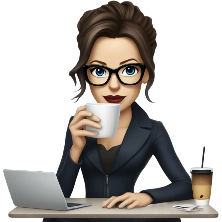 Hyper Realistic Kate Beckinsale dark blue eyes wearing glasses drinking coffee at a laptop  emoji