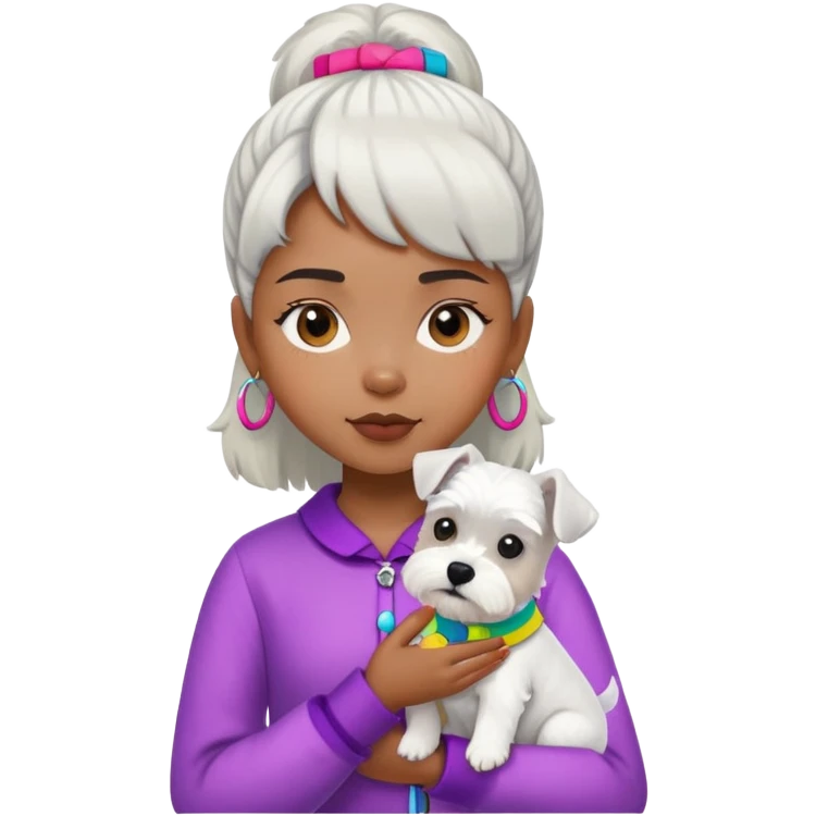 Black girl with short bangs holding a white schnauzer dog, colorful clothes emoji