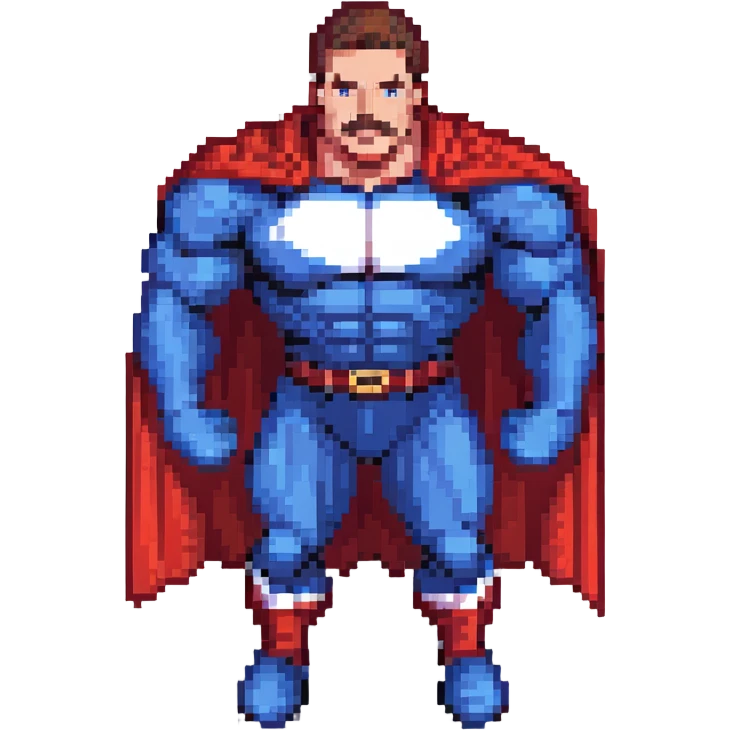 Omni-Man from Invincible, muscular superhero with mustache, blue and white suit with red cape, intense expression, pixel art style emoji