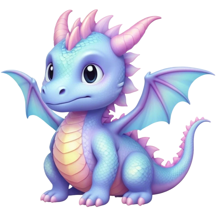 Cinematic fluffy pastel dragon, tiny round wings, chubby feet, sparkling gentle eyes, delicate glowing scales, soft colors blending magically, enchanting and whimsical. emoji