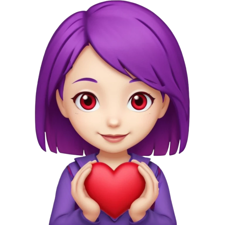 A chibi cartoon with purple hair red eyes holding a heart emoji