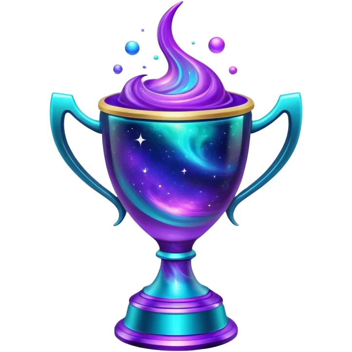 A futuristic alien trophy cup with swirling cosmic nebula colors, purple, blue and teal galaxy patterns emoji