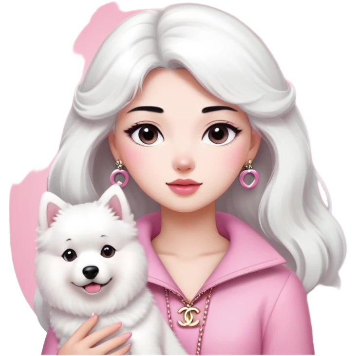 black-haired girl in pink Chanel style outfit with white Samoyed dog emoji