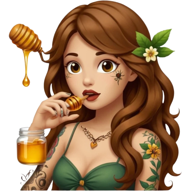 forest mystic woman long wavy brown hair tattoos licking honey from finger flirty emoji