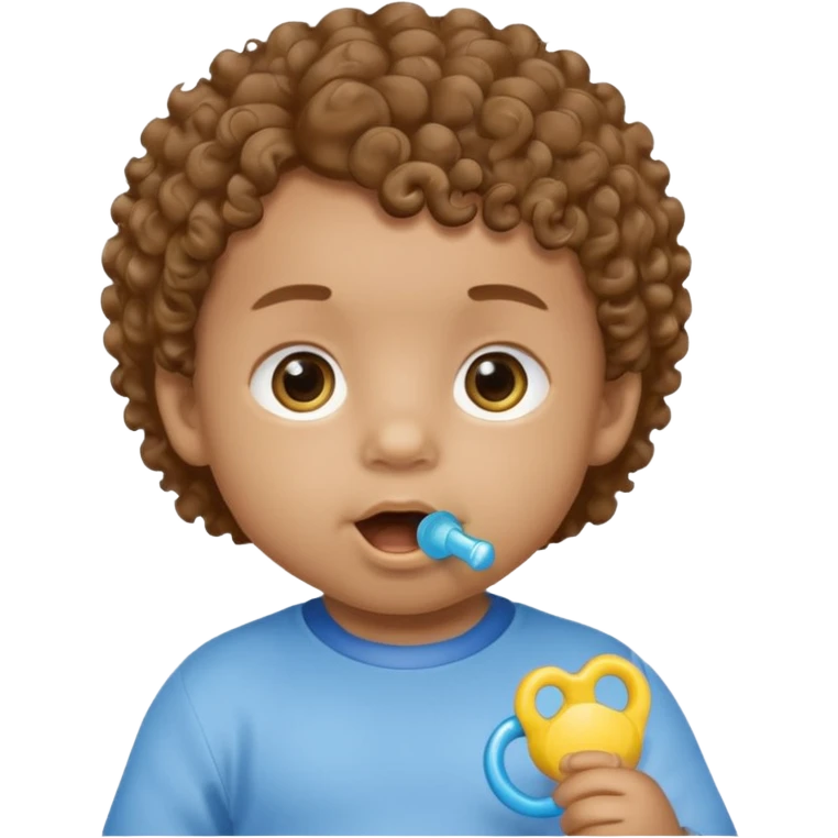 A boy baby with light brown skin, soft curly light-brown hair, wide brown eyes, and a blue-yellow pacifier.  emoji