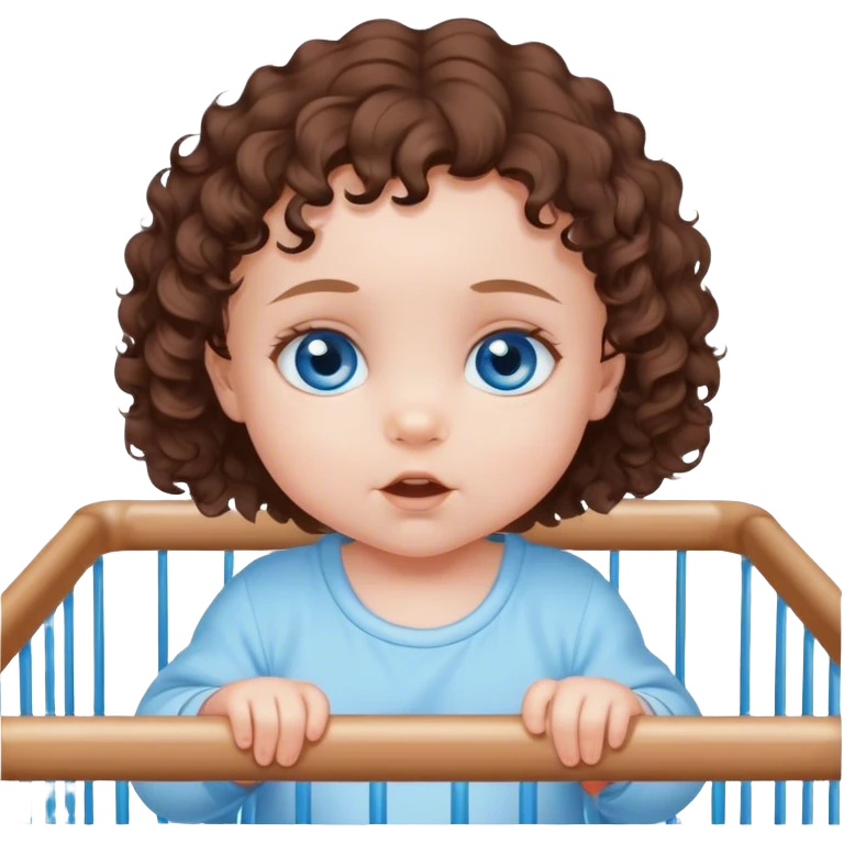 Blue-eyed baby girl with short soft loose brown curls in playpen  emoji