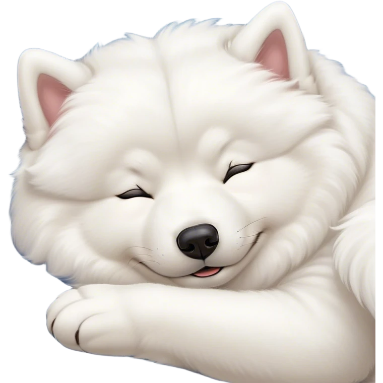 Meme-Worthy Cute Sleeping Samoyed Portrait Emoji, Head resting peacefully with a contented smile, showcasing a delightfully fluffy build and a luxuriously soft pure white Fur, eyes shut in a serene nap, Simplified yet hilariously adorable features, highly detailed, glowing with a soft, drowsy light, high shine, relaxed and utterly lovable, stylized with an air of playful laziness, bright and heartwarming, soft glowing outline, capturing the essence of a comically sleepy companion, so meme-worthy it feels like it could instantly become the next viral sensation of adorable slumber! emoji