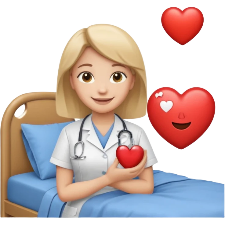 a nurse holding a heart standing beside a bed icon, warm friendly Apple-style emoji emoji